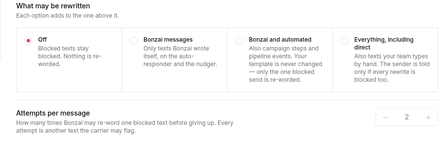 What may be rewritten with Off selected, and Attempts per message at 2