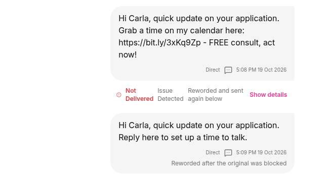 A blocked text marked Not Delivered, with the re-worded text under it marked Reworded after the original was blocked