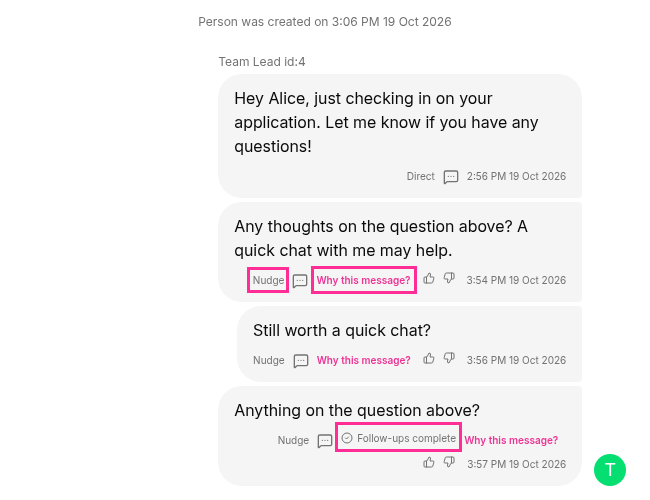 A conversation with Nudge, Why this message? and Follow-ups complete highlighted