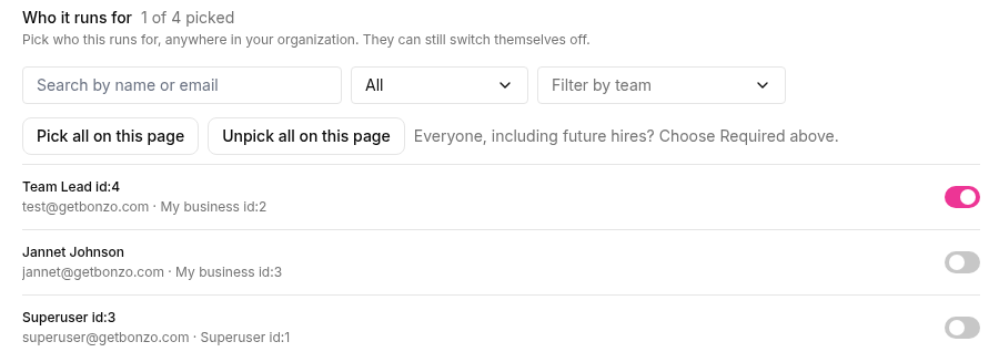 The Who it runs for list: search, team filter, Pick all on this page, and a switch for each teammate