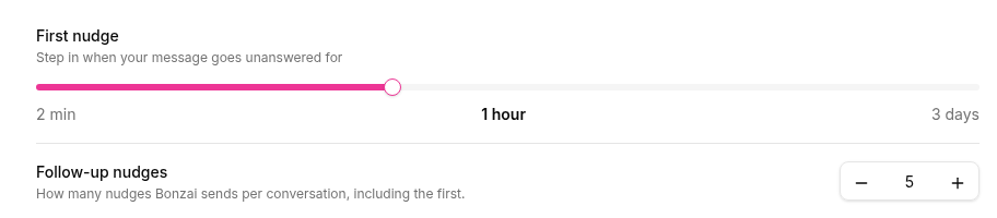 First nudge set to 1 hour on a slider from 2 min to 3 days, and Follow-up nudges set to 5