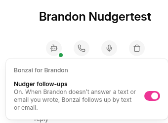 The Bonzai icon under the prospect's name, open on Nudger follow-ups