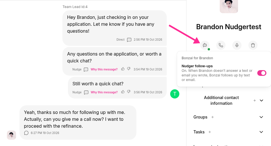 A conversation with nudges, and the prospect's Bonzai menu open with Nudger follow-ups on
