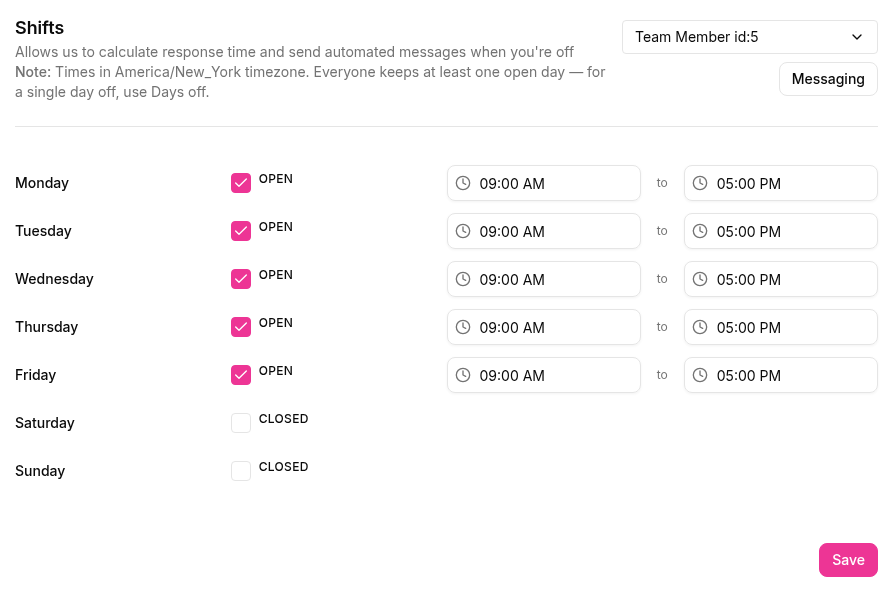 The Shifts page with the default shift, Monday to Friday, 9 am to 5 pm