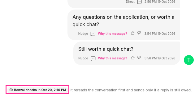 The Bonzai checks in note above the message box, showing when the next follow-up is planned